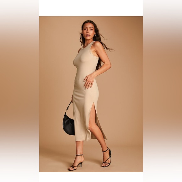 Lulu’s Simply Wonderful Tan Ribbed Bodycon Midi Dress - Picture 4 of 8